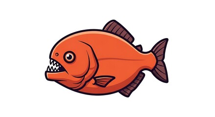 Illustration of a red piranha fish with sharp teeth and big eyes, featuring a distinctive mouth and dorsal fin, against a white background, suitable for various design projects