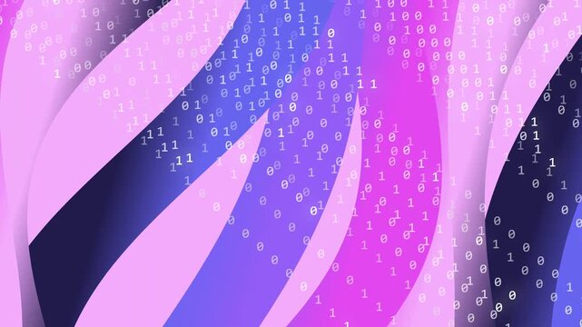 Abstract Digital Stream of Binary Code Flowing Through Wavy Purple and Blue Gradient Backgrounds