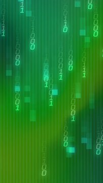 Vertical video: Neon binary columns starting at top, cascading down, intensifying into digital rain