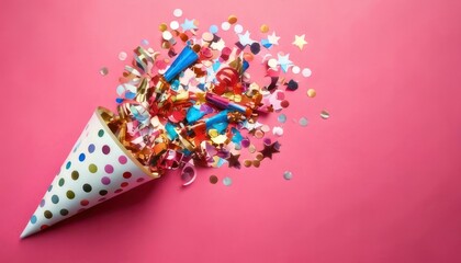 Naklejka premium Colorful confetti explosion from a polka dot party cone.