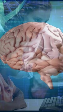 Vertical video: Lesson starting 3D brain rotating showing child typing with code and DNA helix STEM