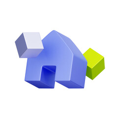 Obraz premium 3D icon of a blue house with floating geometric cubes for modular housing, real estate structure, building design, and architecture concept.