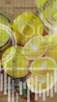Vertical video: Blurred closeups pulling back, citrus halves sharpening, HUD showing health data