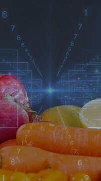 Vertical video: Glow appearing holo moving above carrots and fruit, digits flowing, showing stats