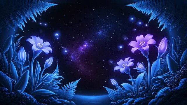 Mystical glowing flowers and enchanted ferns bloom under a vibrant celestial night sky with a nebula as sparkling particles drift. Ideal for fantasy, relaxation, dreamscapes, meditation,
