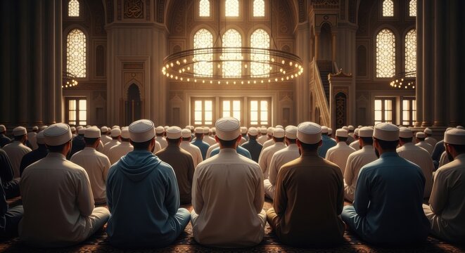 Wide View of Many Muslim Men Sitting in Prayer Rows Inside an Ornate Grand Mosque Hall