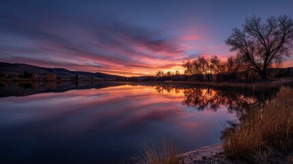 Obraz premium Peaceful Evening Sky Gradient Transitioning to Night Over Calm Lake Scenery