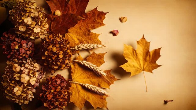 Autumn maple leaves and dried flowers fall gently onto a rustic paper background, creating a warm Thanksgiving, harvest season, or fall promotion setting.