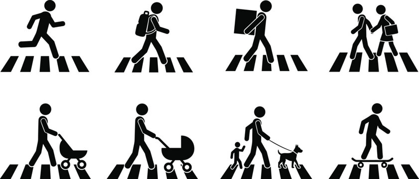 Pedestrian Icons Set Featuring People Crossing Street on Zebra Walkway with Stroller Dog Backpack Skateboard and Suitcase for Urban Traffic Safety Signage Design