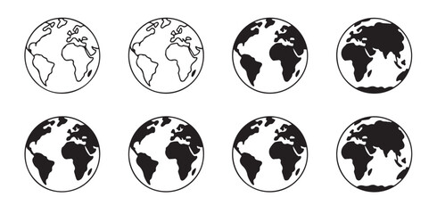 Set of eight globe earth icons showing different levels of detail on white background