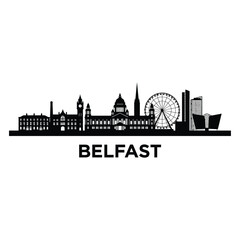 Silhouetted skyline of Belfast Northern Ireland with city name below