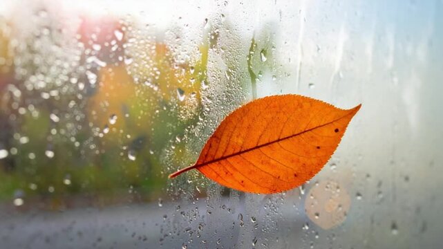 Autumn leaf on rainy window pane with blurred fall foliage background