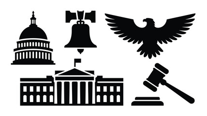 Collection of american government and justice symbols including the capitol building white house liberty bell bald eagle and gavel representing law freedom and national heritage in a clean © Shovon