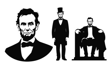 Collection of stylized black and white vector illustrations depicting abraham lincoln in various iconic poses including a close up portrait a full body standing figure in formal attire © Shovon