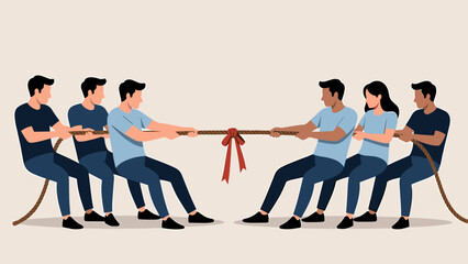 Obraz premium Two teams of diverse people men and women engaged in a fierce tug of war competition pulling a thick rope with intense effort against a plain neutral