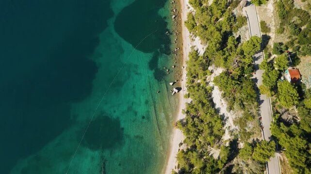 Epic aerial view of Marjan Forest Park on the Split coastline, green pine trees meeting the turquoise Adriatic sea, Croatia travel destination, 4K