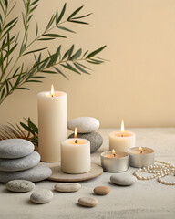 Minimal spa flat lay illustration, candles and stones, neutral background