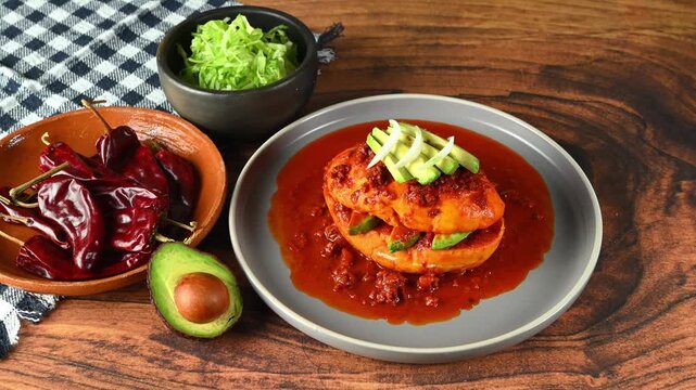 Close-up of a traditional pambazo bathed in guajillo chili sauce, also known as chanclas poblanas, Mexican food