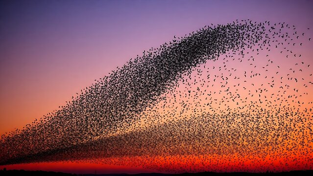overfed. A murmuration of starlings transitioning from a dense cloud to scattered birds against a dusk sky. wildlife magazines, conservation campaigns, designed for eco-tourism storytelling.