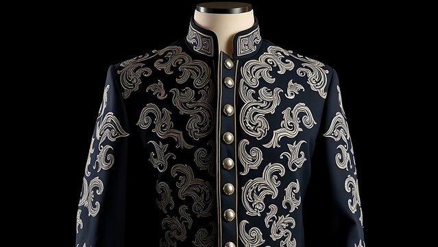 charro. An ornate charro suit displayed on a mannequin, detailed embroidery and silver. event programs, museum guides, designed for cultural heritage projects and event programs.
