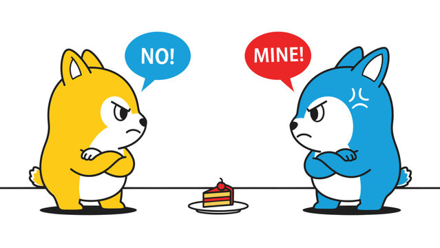 Angry cartoon animals fighting over cake, illustrating conflict, selfishness, and ownership dispute