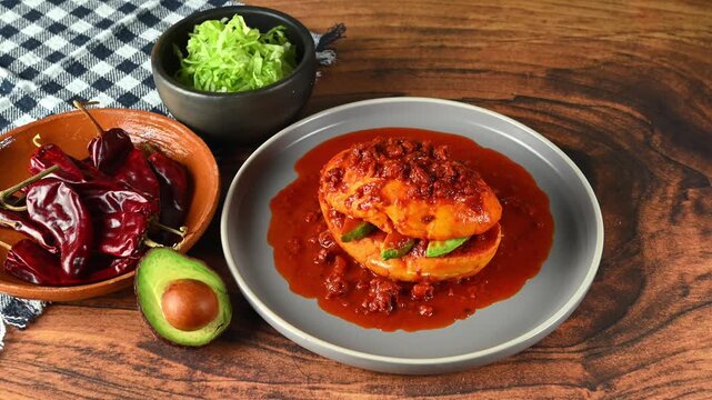 Traditional Mexican food known as pambazo or chancla poblana, bathed in guajillo chili sauce with chorizo