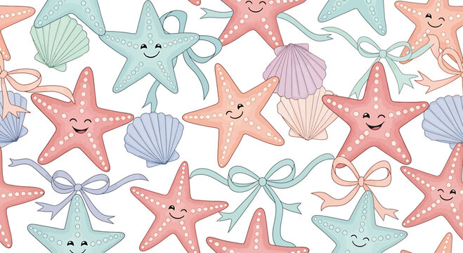 Cute Starfish and Seashells Seamless Pattern, Pastel Colors, Kawaii Ocean Theme