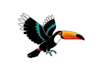 Fototapeta premium Toucan bird with vibrant beak in flight against a dark background, showcasing tropical wildlife