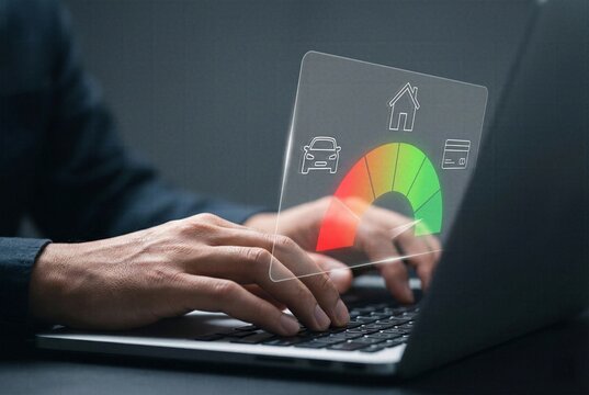 Person analyzing credit score on laptop with holographic gauge showing good financial rating and asset icons for loan approval concept