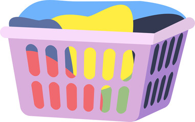 A colorful laundry basket overflowing with assorted clothes viewed from the front