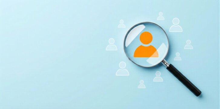 Magnifying glass selecting orange leader icon from group of white user outlines on blue background for recruitment