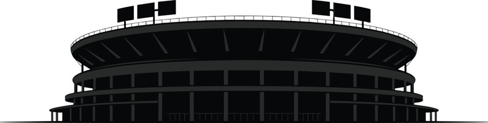 Modern football stadium silhouette illustration with panoramic perspective, minimal black design, architectural landmark for sports events, urban  © MDBELAL