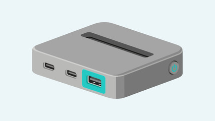 Sleek grey portable electronic hub with multiple USB-C and USB-A ports for modern connectivity