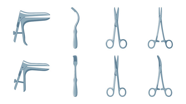 Set of diverse medical instruments including speculums, scissors, and forceps for surgery and gynecology procedures