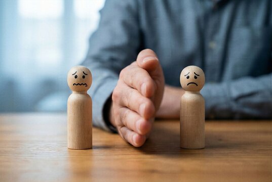 Hand separating two wooden figures with sad faces to stop conflict and divorce arguments on wooden table