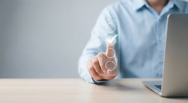 Businessman hand touching virtual checklist interface with glowing check mark representing digital compliance and task completion