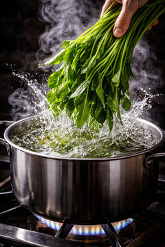 Chef hand dropping fresh green spinach vegetables into boiling water pot with steam and splash on gas stove, healthy blanching cooking food concept.