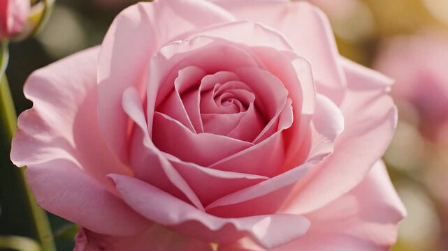 A minimalist pink rose in full bloom, captured in a close-up macro shot, showcasing delicate petals in a vibrant garden environment from a front viewpoint