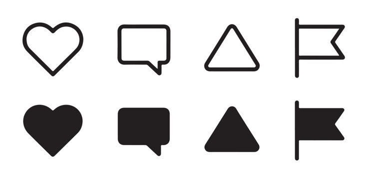 Minimalist communication icons featuring heart speech bubble triangle and flag vector signs