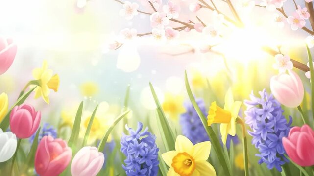 Spring Bloom Meadow Cherry Blossoms with Tulips, and Daffodils  Hyacinths.