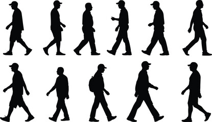 Obraz premium Walking,man,silhouette,people,profiles,movement,steps,casual,urban,figure,side,view,collection,illustration,vector,design,human,activity,pose,set