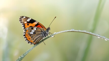Obraz premium Orange butterfly perched on curved grass blade in soft green meadow background with shallow depth of field and natural light 