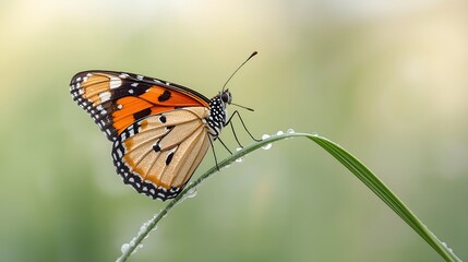 Obraz premium Orange butterfly perched on curved grass blade in soft green meadow background with shallow depth of field and natural light 
