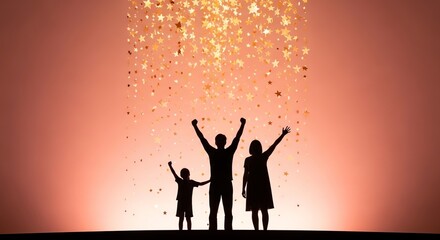 Fototapeta premium Family silhouette celebrating with falling stars