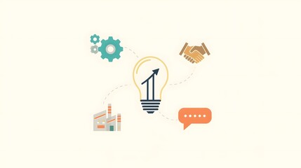 Modern Business Innovation Concept with Lightbulb Growth Arrow, Strategy Icons, Partnership and Industry Symbols on Minimal Background