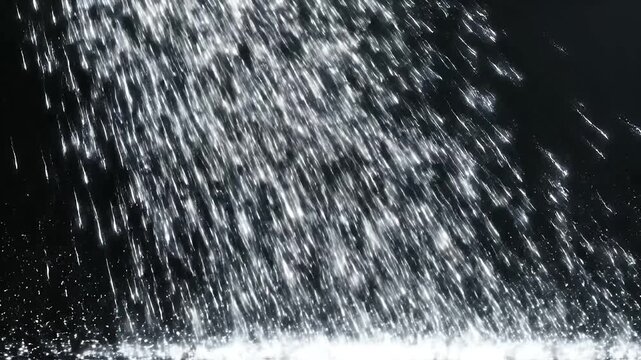 A cascade of shimmering, elongated water droplets cascades downwards on a dark background