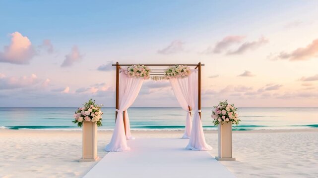 Beach wedding arch draped with pastel fabric and floral arrangements by seaside sunrise and again sunset overlooking calm turquoise ocean