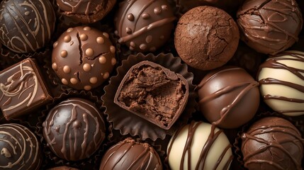 Obraz premium Closeup of assorted chocolate truffle and praline candy assortment with rich texture and glossy coating, luxury dessert background