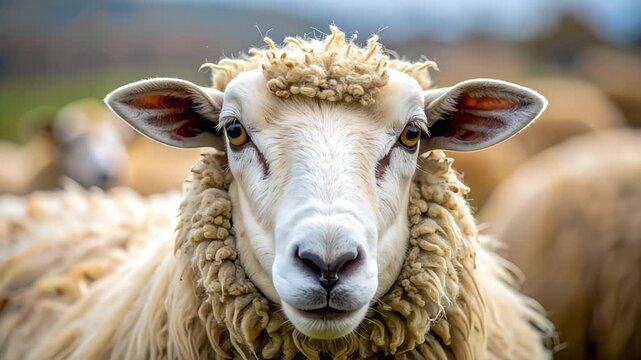 Captivating close-up portrait of a fluffy sheep with thick woolly fleece