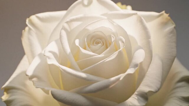 A close-up view capturing the exquisite pure beauty and delicate elegance of a pristine white rose in full bloom, showcasing its intricate petals and soft, ethereal glow under gentle light
